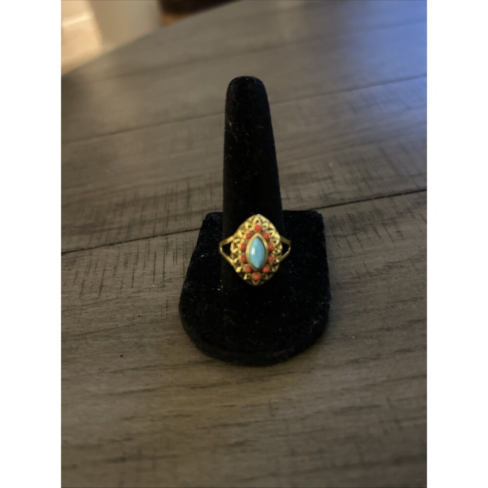 Turquoise And Orange Color Stones In Antiqued Gold Tone Ring Size 7.75